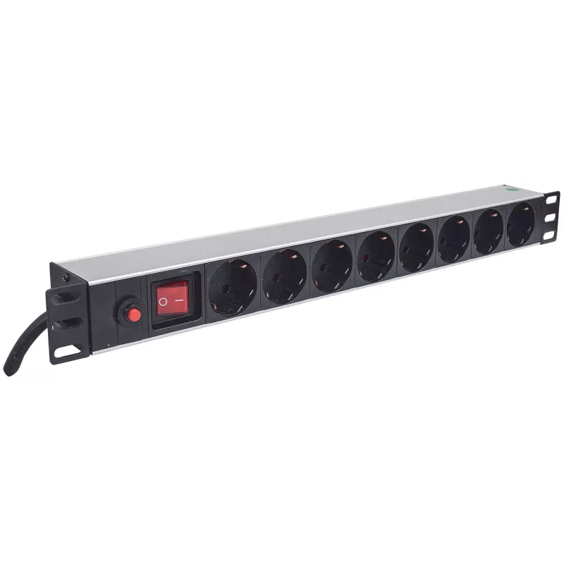 Intellinet 19 pollici 1U Rackmount 8 uscite Power Distribution Unit (PDU) con prese EU-CEE-7/3, interruttore on/off e protezione da sovraccarico, cavo di alimentazione integrato da 3 m con spina EU-CEE-7/4