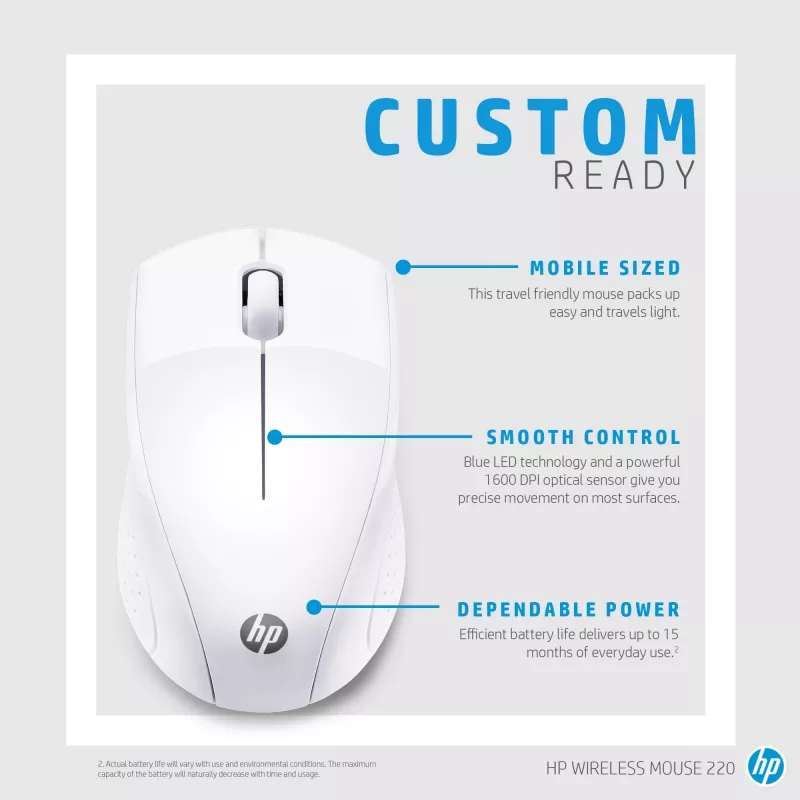 HP Mouse wireless 220 (bianco neve), Ottico, RF Wireless, Bianco