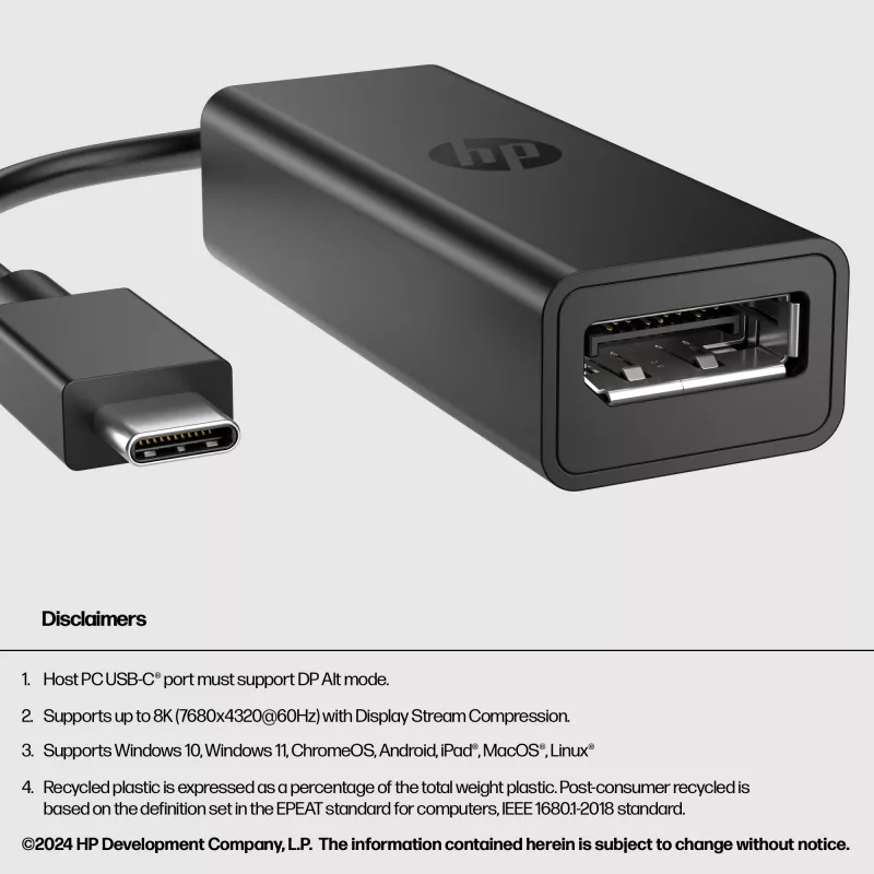 HP 8Y8Y1AA adattatore da USB-C a DisplayPort G2, 8K (7680 x 4320), nero