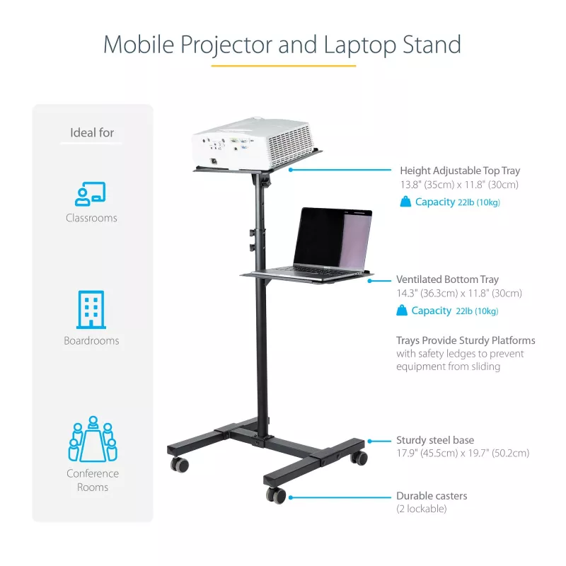 StarTech.com supporto/carrello mobile per proiettore e laptop – supporto robusto e portatile per proiettore (2 ripiani, portata 10 kg ciascuno) – carrello regolabile in altezza per presentazioni con ruote bloccabili