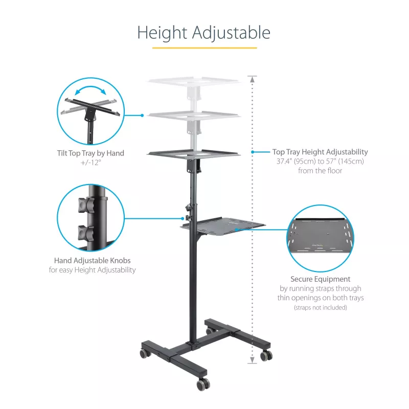 StarTech.com supporto/carrello mobile per proiettore e laptop – supporto robusto e portatile per proiettore (2 ripiani, portata 10 kg ciascuno) – carrello regolabile in altezza per presentazioni con ruote bloccabili