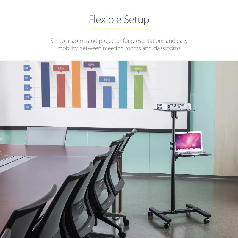 StarTech.com supporto/carrello mobile per proiettore e laptop – supporto robusto e portatile per proiettore (2 ripiani, portata 10 kg ciascuno) – carrello regolabile in altezza per presentazioni con ruote bloccabili