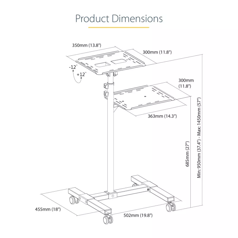 StarTech.com supporto/carrello mobile per proiettore e laptop – supporto robusto e portatile per proiettore (2 ripiani, portata 10 kg ciascuno) – carrello regolabile in altezza per presentazioni con ruote bloccabili