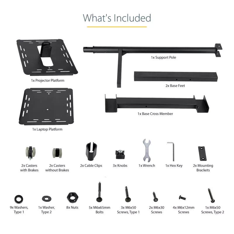 StarTech.com supporto/carrello mobile per proiettore e laptop – supporto robusto e portatile per proiettore (2 ripiani, portata 10 kg ciascuno) – carrello regolabile in altezza per presentazioni con ruote bloccabili