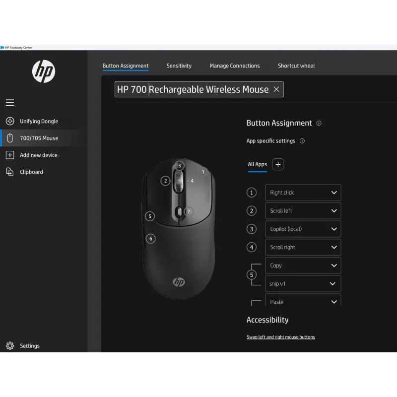 HP 700 Mouse wireless ricaricabile, ambidestro, RF Wireless + Bluetooth, 6000 DPI, nero