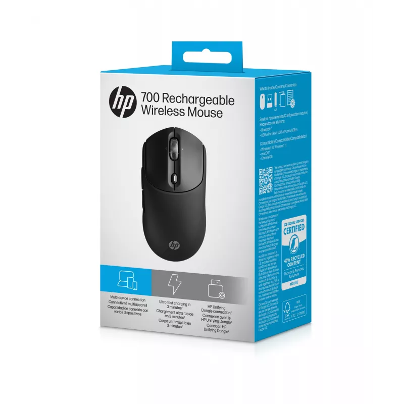 HP 700 Mouse wireless ricaricabile, ambidestro, RF Wireless + Bluetooth, 6000 DPI, nero