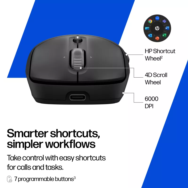 HP 700 Mouse wireless ricaricabile, ambidestro, RF Wireless + Bluetooth, 6000 DPI, nero