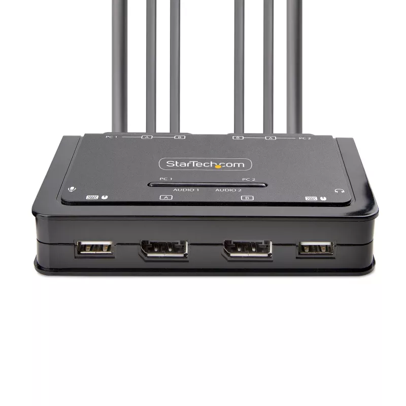 StarTech.com Switch KVM a 2 porte con cavi DisplayPort per doppio monitor, 4K 60Hz, switch KVM compatto con cavi USB-A/DisplayPort/audio integrati da 1,5 m, alimentato dal bus – commutazione tramite pulsante del telecomando/hotkey