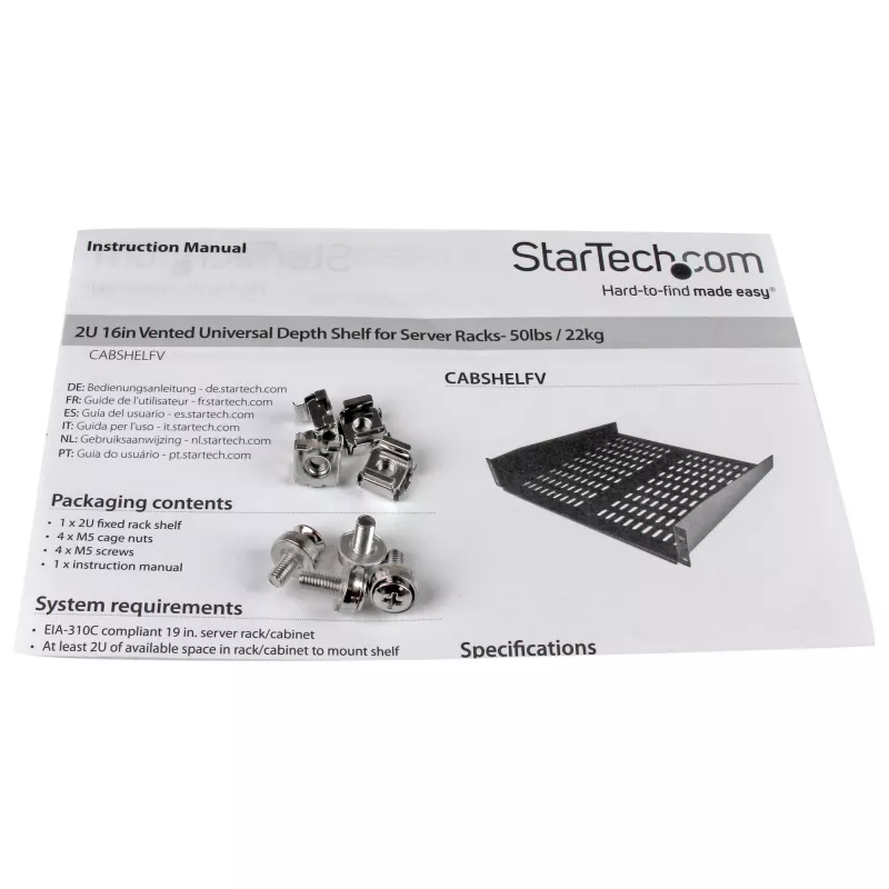 StarTech.com ripiano rack 2U per server – vassoio cantilever universale ventilato per rack e armadi di rete 19 pollici – acciaio ad alta portata – portata 23 kg – ripiano profondo 16 pollici, nero