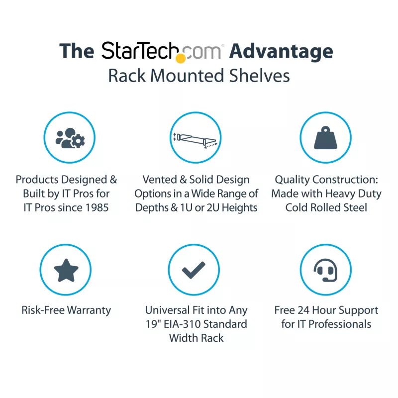 StarTech.com ripiano rack 2U per server – vassoio cantilever universale ventilato per rack e armadi di rete 19 pollici – acciaio ad alta portata – portata 23 kg – ripiano profondo 16 pollici, nero