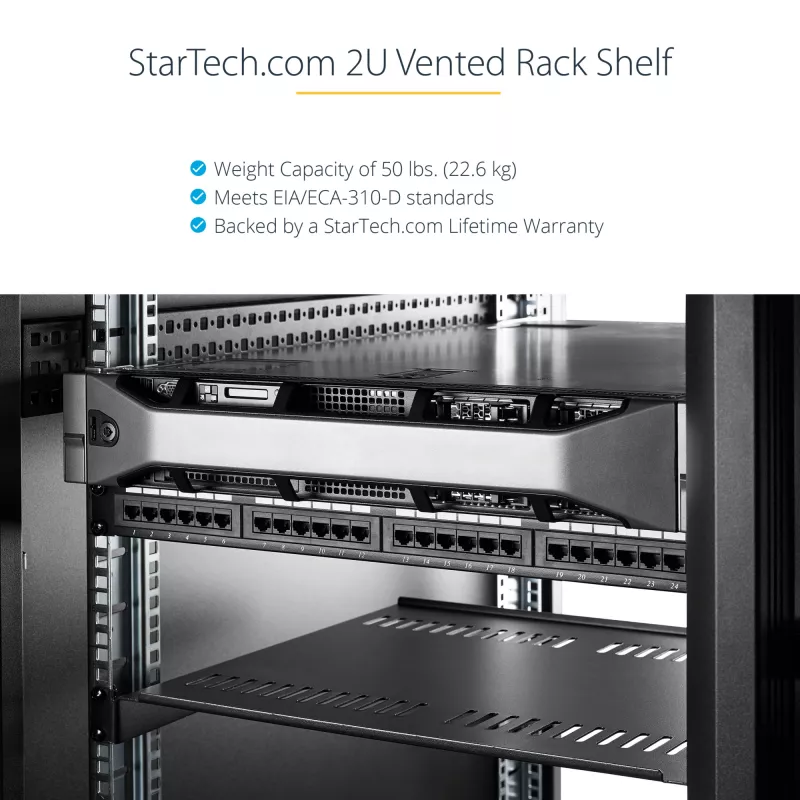 StarTech.com ripiano rack 2U per server – vassoio cantilever universale ventilato per rack e armadi di rete 19 pollici – acciaio ad alta portata – portata 23 kg – ripiano profondo 16 pollici, nero