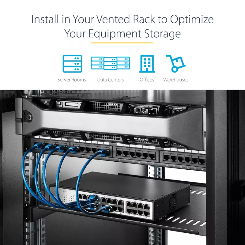 StarTech.com ripiano rack 2U per server – vassoio cantilever universale ventilato per rack e armadi di rete 19 pollici – acciaio ad alta portata – portata 23 kg – ripiano profondo 16 pollici, nero