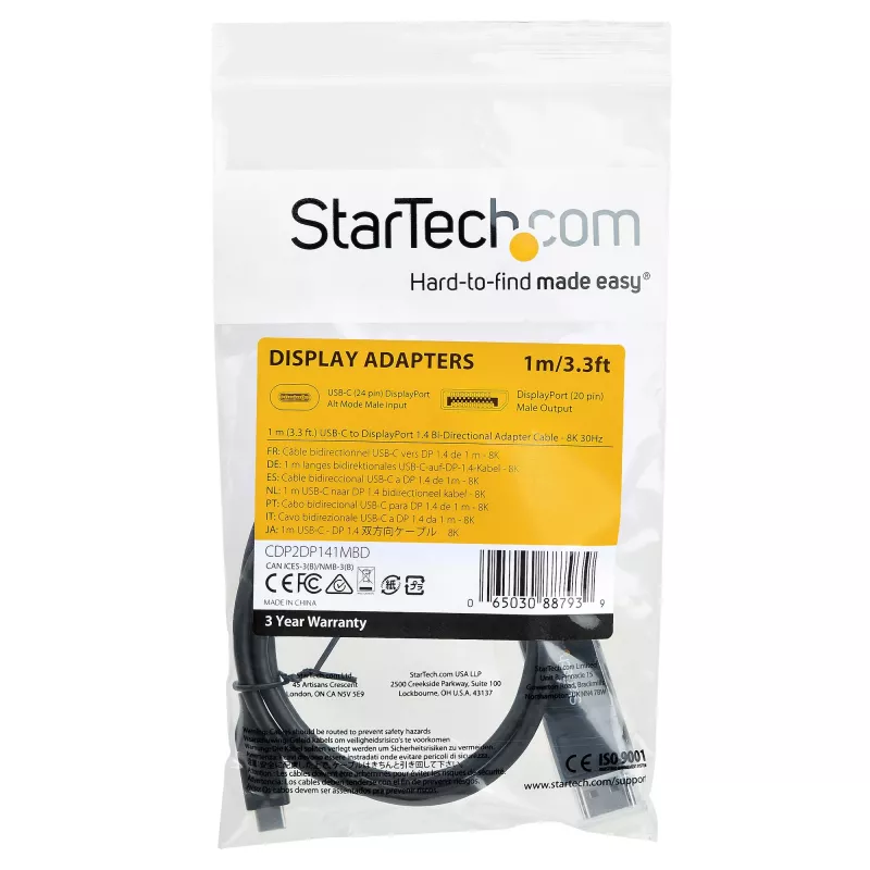 StarTech.com cavo USB-C a DisplayPort 1.4 1 m 8K 60 Hz/4K – cavo adattatore video reversibile bidirezionale DP a USB-C o USB-C a DP – HBR3/HDR/DSC – cavo monitor USB Type-C/Thunderbolt