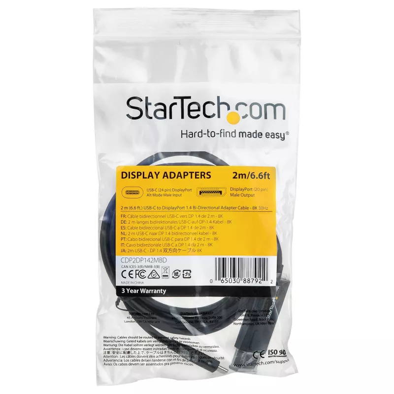 StarTech.com cavo USB-C a DisplayPort 1.4 2m 8K 60Hz/4K - cavo adattatore video reversibile bidirezionale DP a USB-C o USB-C a DP - HBR3/HDR/DSC - cavo monitor USB Type-C/Thunderbolt 3 (CDP2DP142MBD)