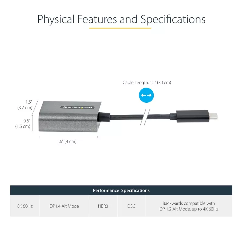 StarTech.com adattatore USB-C a DisplayPort – dongle adattatore USB-C a DisplayPort 1.4 8K/4K 60Hz – convertitore video monitor USB Type-C a DP – compatibile con Thunderbolt 3 – con cavo integrato da 30 cm
