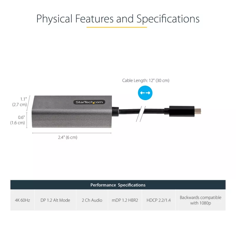 StarTech.com adattatore USB-C a Mini DisplayPort – dongle adattatore USB-C a mDP 4K 60Hz – monitor USB Type-C a Mini DP – convertitore video – compatibile con Thunderbolt 3 – cavo integrato da 30 cm – versione aggiornata del CDP2MDP
