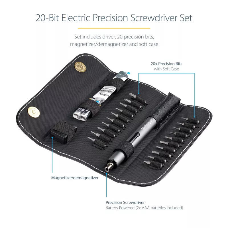StarTech.com set di cacciaviti elettrici di precisione a 20 bit - kit cacciavite a batteria portatile/mini per riparazioni di elettronica, laptop, computer, tablet e telefoni - magnetico - senza fili