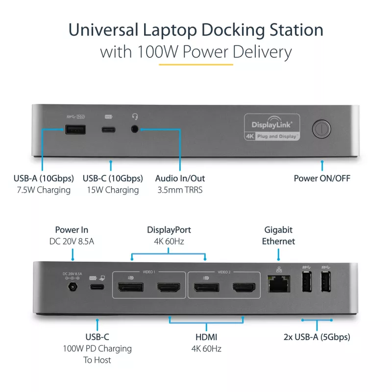 StarTech.com Docking station universale per laptop, dock ibrido USB-C e USB-A, doppio 4K DP e HDMI, 100W PD, Mac / Windows / Chrome OS, hub 4x USB 5Gbps, GbE