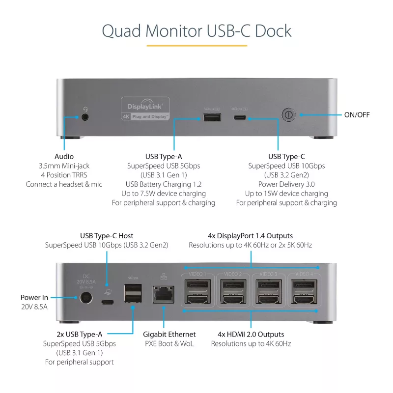 StarTech.com Dock USB-C – DisplayPort e HDMI quad-monitor 4K 60Hz – Docking station USB-C universale con 100W Power Delivery – Hub USB con 1x USB Type-C e 3x USB-A, Ethernet, audio