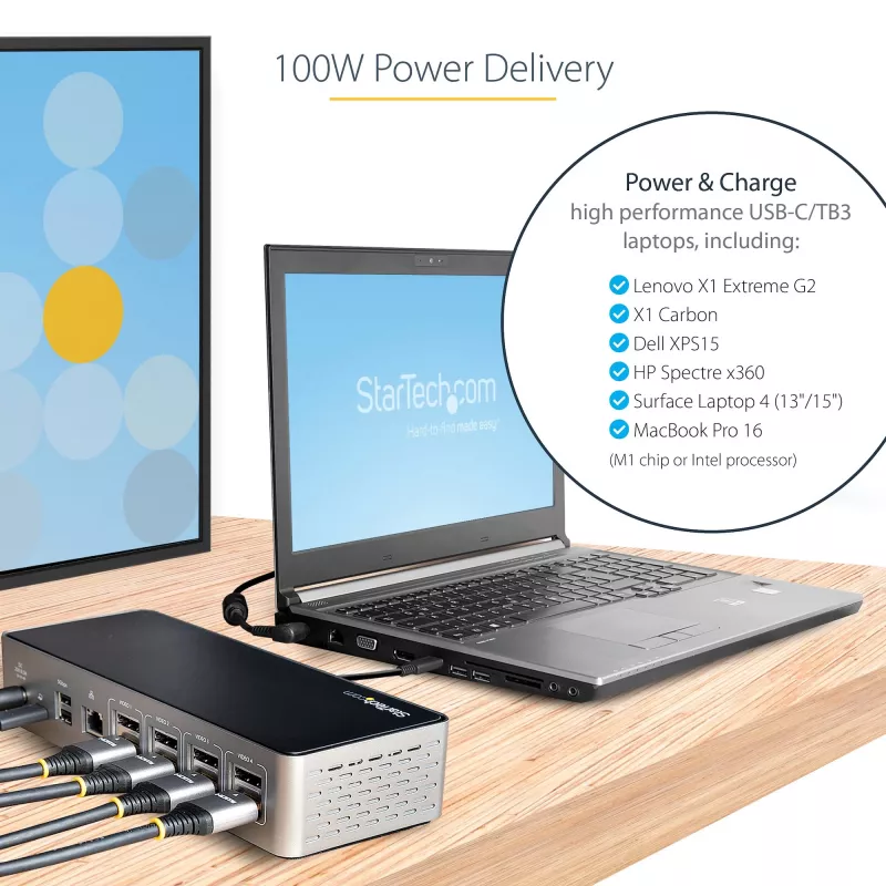 StarTech.com Dock USB-C – DisplayPort e HDMI quad-monitor 4K 60Hz – Docking station USB-C universale con 100W Power Delivery – Hub USB con 1x USB Type-C e 3x USB-A, Ethernet, audio