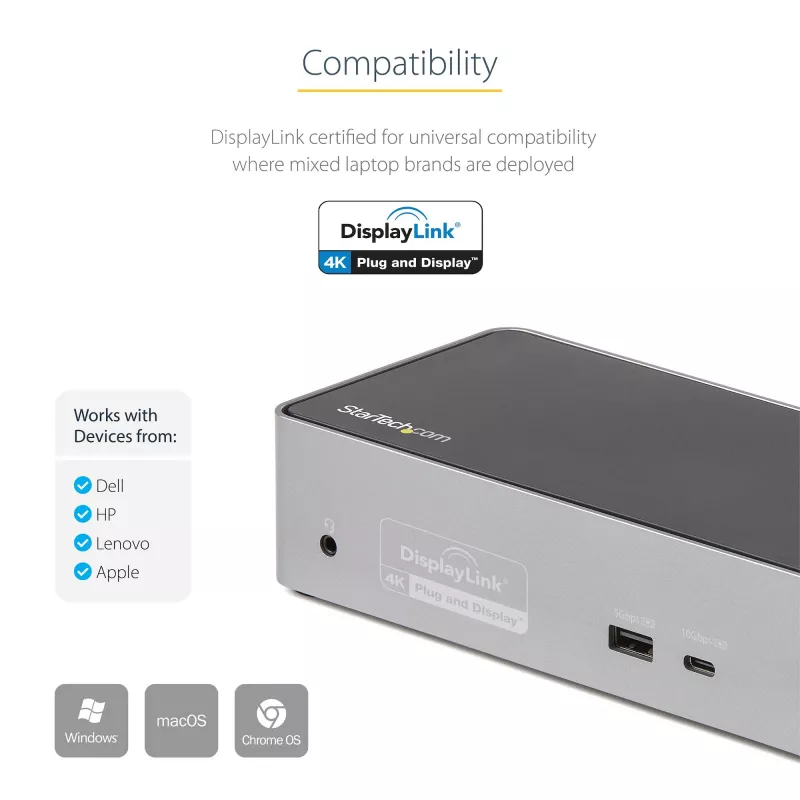 StarTech.com Dock USB-C – DisplayPort e HDMI quad-monitor 4K 60Hz – Docking station USB-C universale con 100W Power Delivery – Hub USB con 1x USB Type-C e 3x USB-A, Ethernet, audio