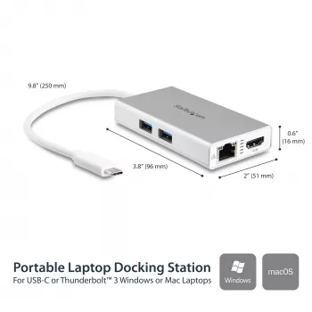 StarTech.com Adattatore multiporta USB-C – Docking station da viaggio USB-C con HDMI 4K – 60 W Power Delivery Pass-Through, GbE, hub USB-A 3.0 a 2 porte – Mini dock USB Type-C portatile per laptop – bianco