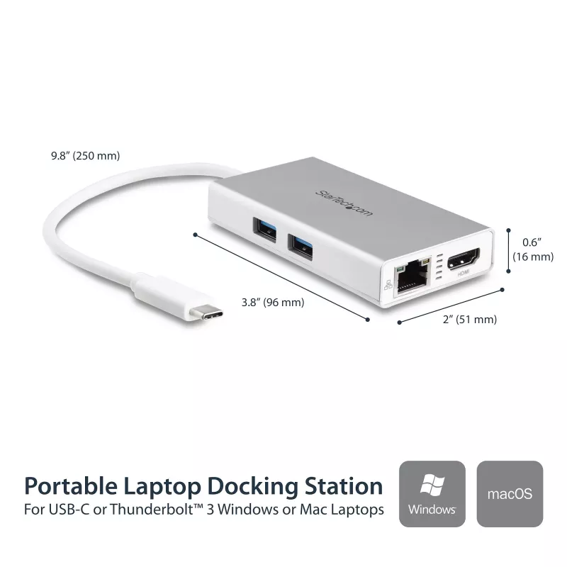 StarTech.com Adattatore multiporta USB-C – Docking station da viaggio USB-C con HDMI 4K – 60 W Power Delivery Pass-Through, GbE, hub USB-A 3.0 a 2 porte – Mini dock USB Type-C portatile per laptop – bianco