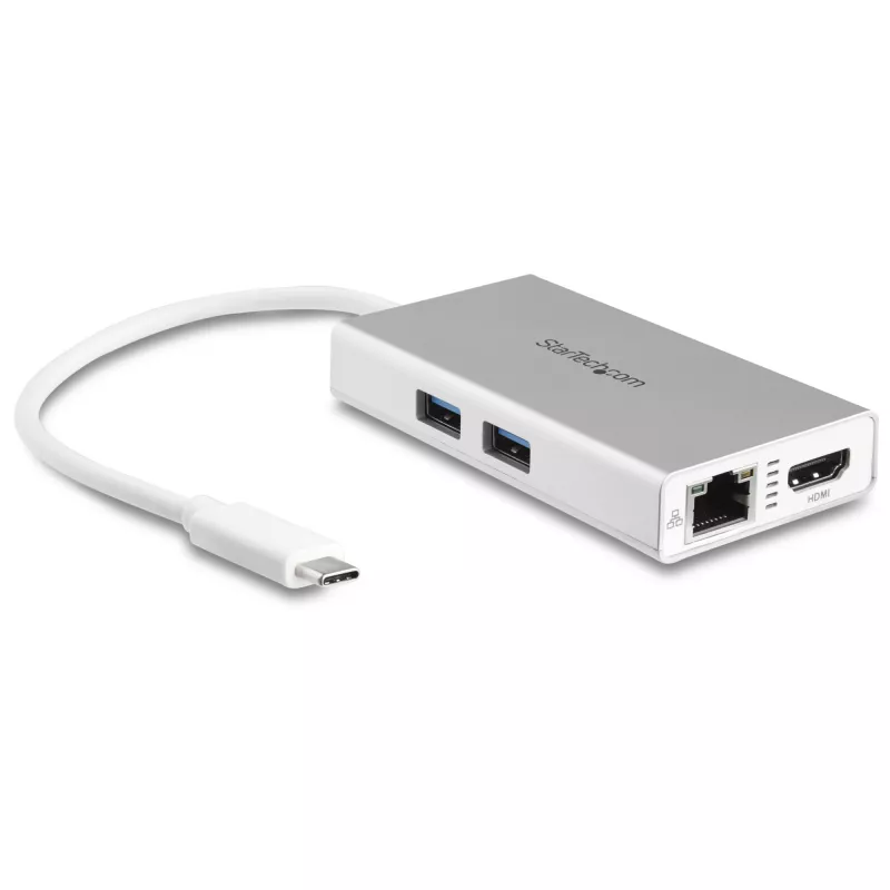 StarTech.com Adattatore multiporta USB-C – Docking station da viaggio USB-C con HDMI 4K – 60 W Power Delivery Pass-Through, GbE, hub USB-A 3.0 a 2 porte – Mini dock USB Type-C portatile per laptop – bianco