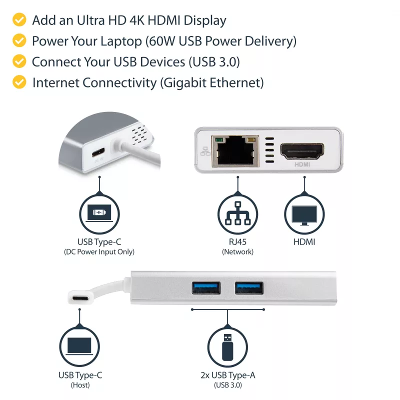 StarTech.com Adattatore multiporta USB-C – Docking station da viaggio USB-C con HDMI 4K – 60 W Power Delivery Pass-Through, GbE, hub USB-A 3.0 a 2 porte – Mini dock USB Type-C portatile per laptop – bianco