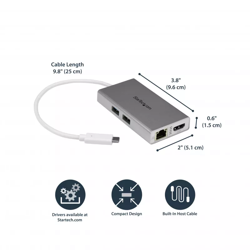 StarTech.com Adattatore multiporta USB-C – Docking station da viaggio USB-C con HDMI 4K – 60 W Power Delivery Pass-Through, GbE, hub USB-A 3.0 a 2 porte – Mini dock USB Type-C portatile per laptop – bianco