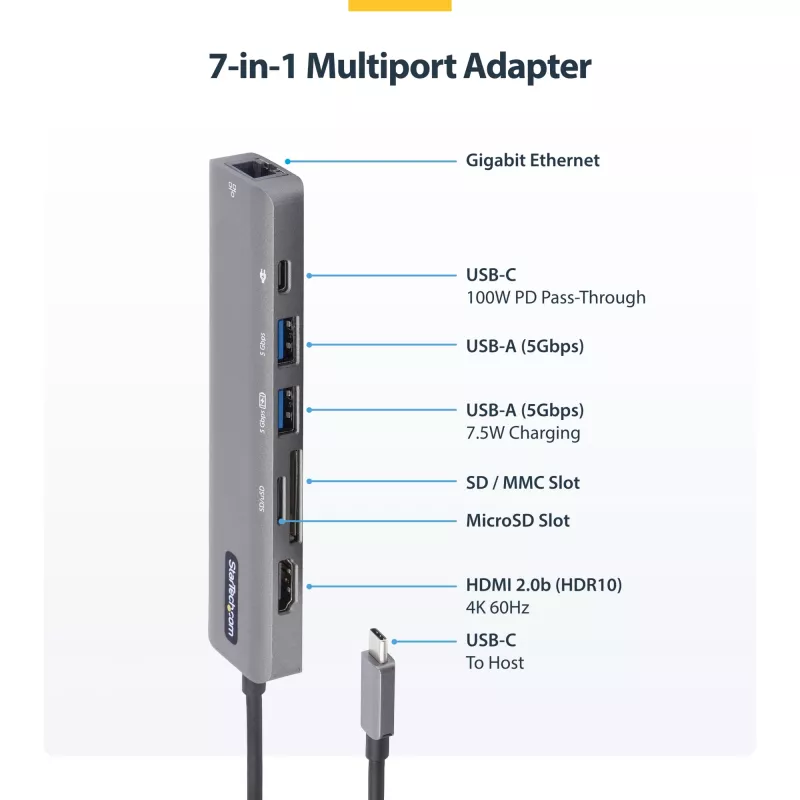 StarTech.com Hub adattatore multiporta USB-C, USB-C a HDMI 4K 60Hz, Gigabit Ethernet e ricarica laptop 100W per Macbook Pro / Air e Windows