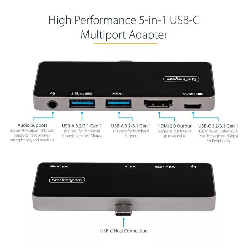 StarTech.com Adattatore multiporta USB C – USB-C a HDMI 4K 60Hz 2.0, ricarica pass-through 100W Power Delivery, hub USB 3.0 a 3 porte, audio – Mini dock USB-C – Dock da viaggio USB Type-C portatile