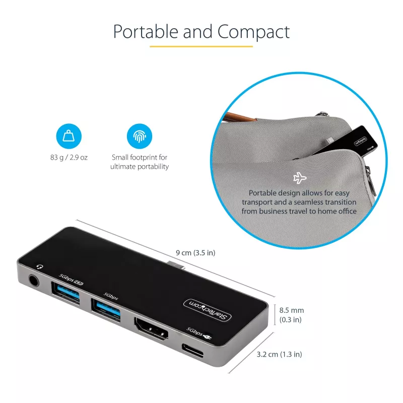 StarTech.com Adattatore multiporta USB C – USB-C a HDMI 4K 60Hz 2.0, ricarica pass-through 100W Power Delivery, hub USB 3.0 a 3 porte, audio – Mini dock USB-C – Dock da viaggio USB Type-C portatile