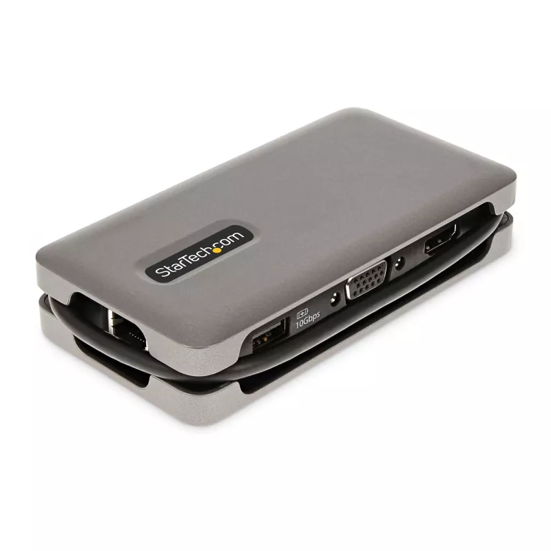 StarTech.com Adattatore multiporta USB-C – HDMI/VGA – 4K 60 Hz – Hub USB a 3 porte – 100 W Power Delivery pass-through – GbE – Mini docking station da viaggio con ricarica – cavo avvolgibile, 30 cm