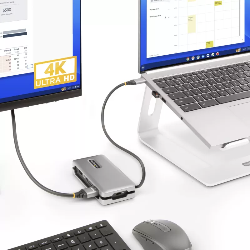 StarTech.com Adattatore multiporta USB-C – HDMI/VGA – 4K 60 Hz – Hub USB a 3 porte – 100 W Power Delivery pass-through – GbE – Mini docking station da viaggio con ricarica – cavo avvolgibile, 30 cm