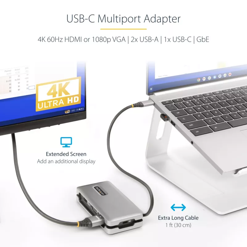 StarTech.com Adattatore multiporta USB-C – HDMI/VGA – 4K 60 Hz – Hub USB a 3 porte – 100 W Power Delivery pass-through – GbE – Mini docking station da viaggio con ricarica – cavo avvolgibile, 30 cm