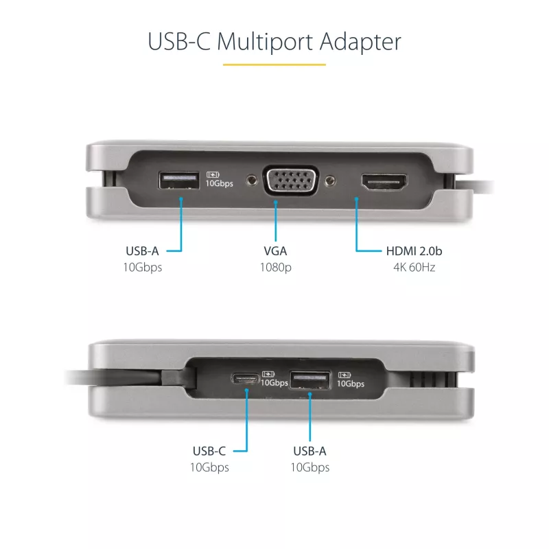 StarTech.com Adattatore multiporta USB-C – HDMI/VGA – 4K 60 Hz – Hub USB a 3 porte – 100 W Power Delivery pass-through – GbE – Mini docking station da viaggio con ricarica – cavo avvolgibile, 30 cm