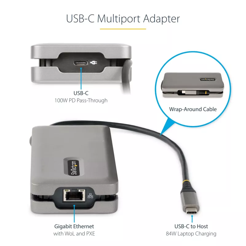 StarTech.com Adattatore multiporta USB-C – HDMI/VGA – 4K 60 Hz – Hub USB a 3 porte – 100 W Power Delivery pass-through – GbE – Mini docking station da viaggio con ricarica – cavo avvolgibile, 30 cm