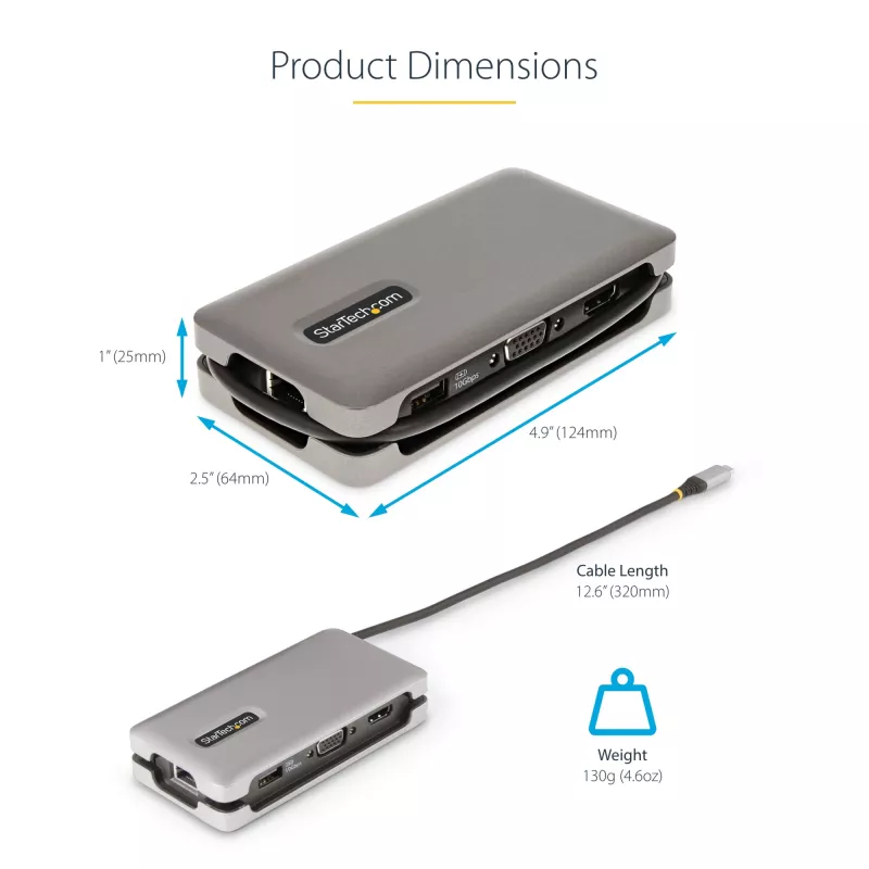 StarTech.com Adattatore multiporta USB-C – HDMI/VGA – 4K 60 Hz – Hub USB a 3 porte – 100 W Power Delivery pass-through – GbE – Mini docking station da viaggio con ricarica – cavo avvolgibile, 30 cm