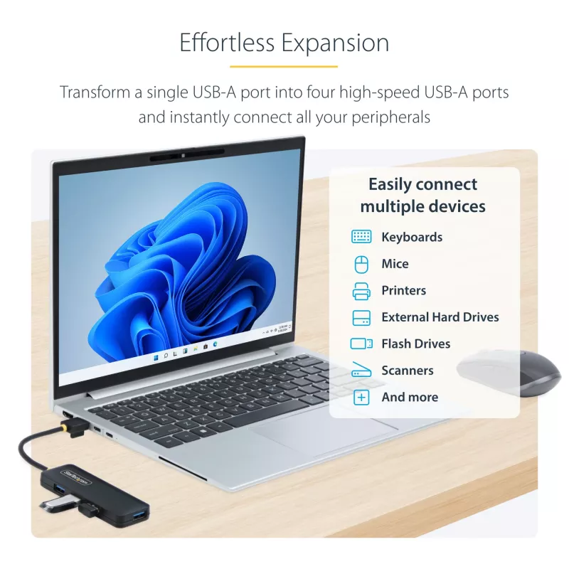 Hub USB-A a 4 porte StarTech.com, 5 Gbit/s, bus-powered, mini hub USB da viaggio compatto, splitter USB 3.0 multi-porta, hub USB portatile, protezione da sovracorrente (OCP)