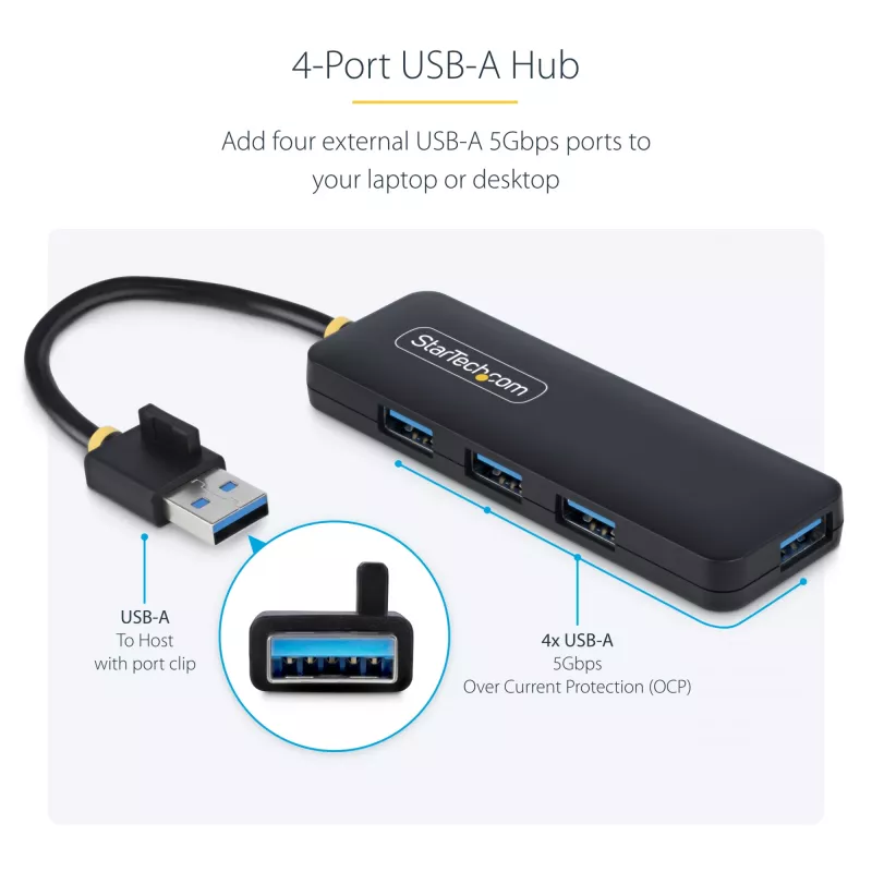 Hub USB-A a 4 porte StarTech.com, 5 Gbit/s, bus-powered, mini hub USB da viaggio compatto, splitter USB 3.0 multi-porta, hub USB portatile, protezione da sovracorrente (OCP)