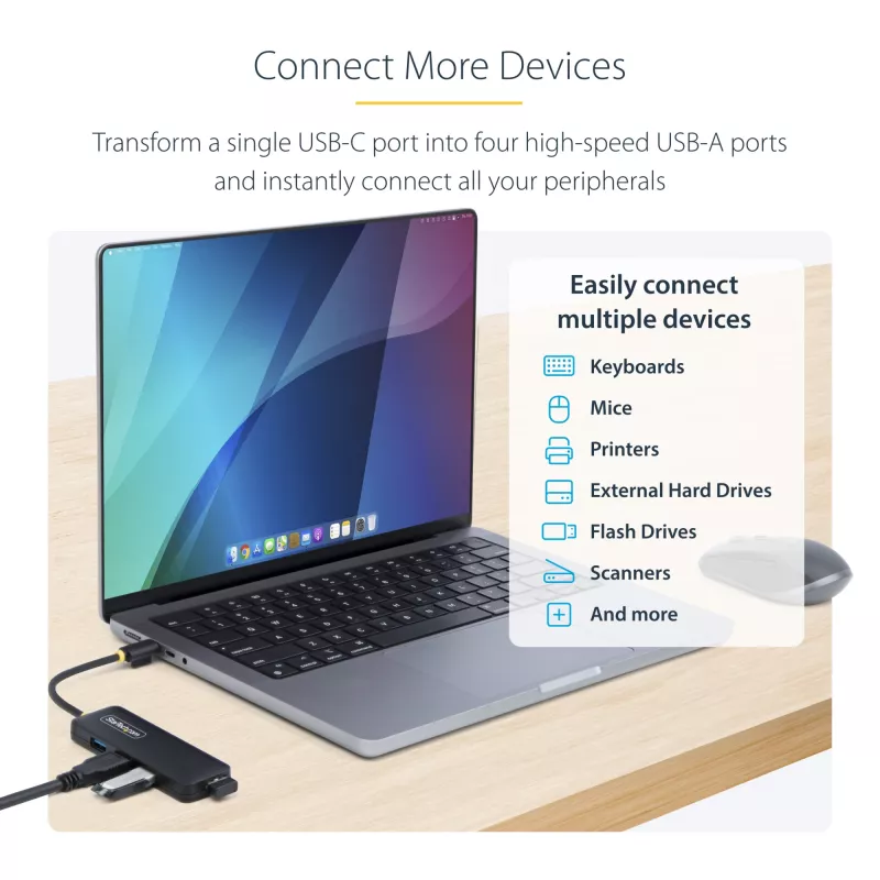 Hub USB-C a 4 porte StarTech.com, 5 Gbit/s, da USB-C a 4x USB-A, bus-powered, mini hub da viaggio compatto, splitter USB 3.0 multi-porta, hub portatile, protezione da sovracorrente