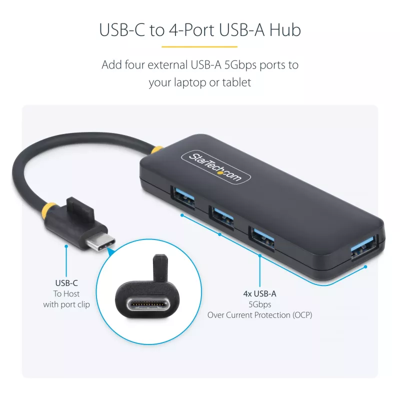 Hub USB-C a 4 porte StarTech.com, 5 Gbit/s, da USB-C a 4x USB-A, bus-powered, mini hub da viaggio compatto, splitter USB 3.0 multi-porta, hub portatile, protezione da sovracorrente