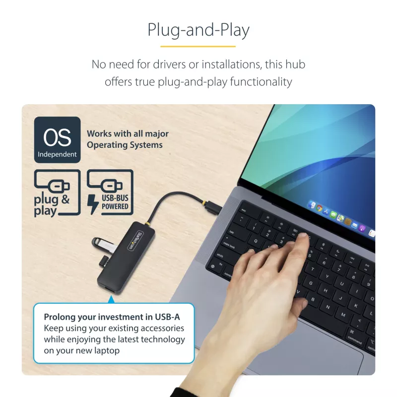 Hub USB-C a 4 porte StarTech.com, 5 Gbit/s, da USB-C a 4x USB-A, bus-powered, mini hub da viaggio compatto, splitter USB 3.0 multi-porta, hub portatile, protezione da sovracorrente