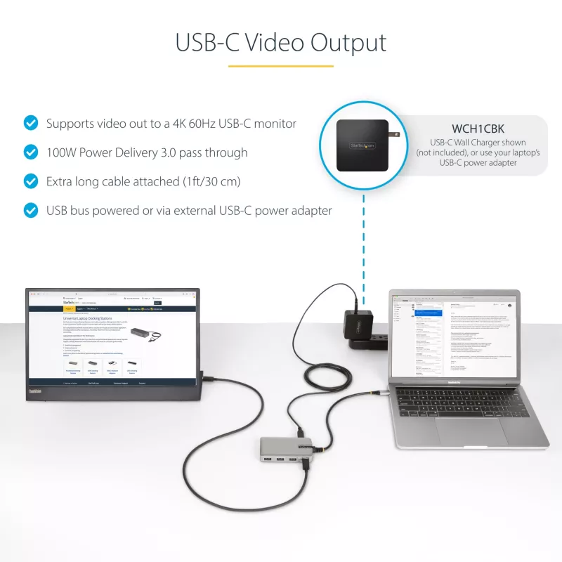 Hub USB-C a 4 porte StarTech.com con uscita video USB-C DP Alt Mode 4K 60Hz - 3x USB-A, 1x USB Type-C, 100W Power Delivery pass-through, USB 3.2 10Gbps, cavo da 30cm, hub USB portatile