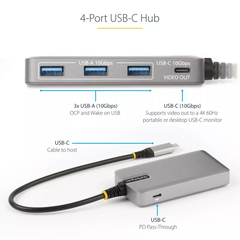 Hub USB-C a 4 porte StarTech.com con uscita video USB-C DP Alt Mode 4K 60Hz - 3x USB-A, 1x USB Type-C, 100W Power Delivery pass-through, USB 3.2 10Gbps, cavo da 30cm, hub USB portatile