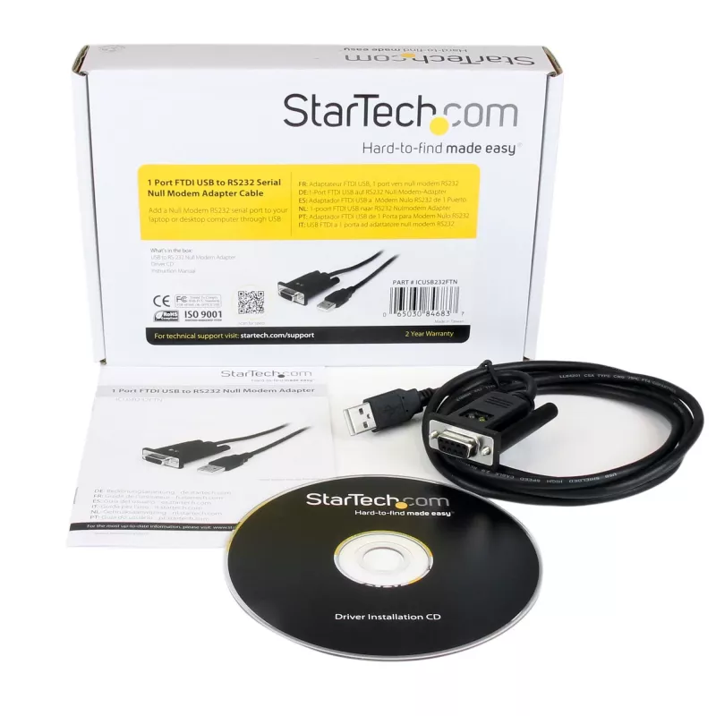 StarTech.com ICUSB232FTN cavo adattatore da USB a seriale null modem RS232 DB9 DCE a 1 porta, FTDI, USB 2.0, nero