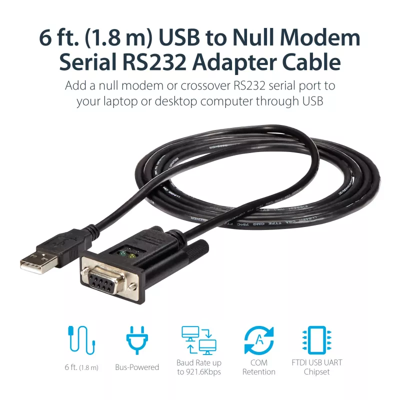 StarTech.com ICUSB232FTN cavo adattatore da USB a seriale null modem RS232 DB9 DCE a 1 porta, FTDI, USB 2.0, nero