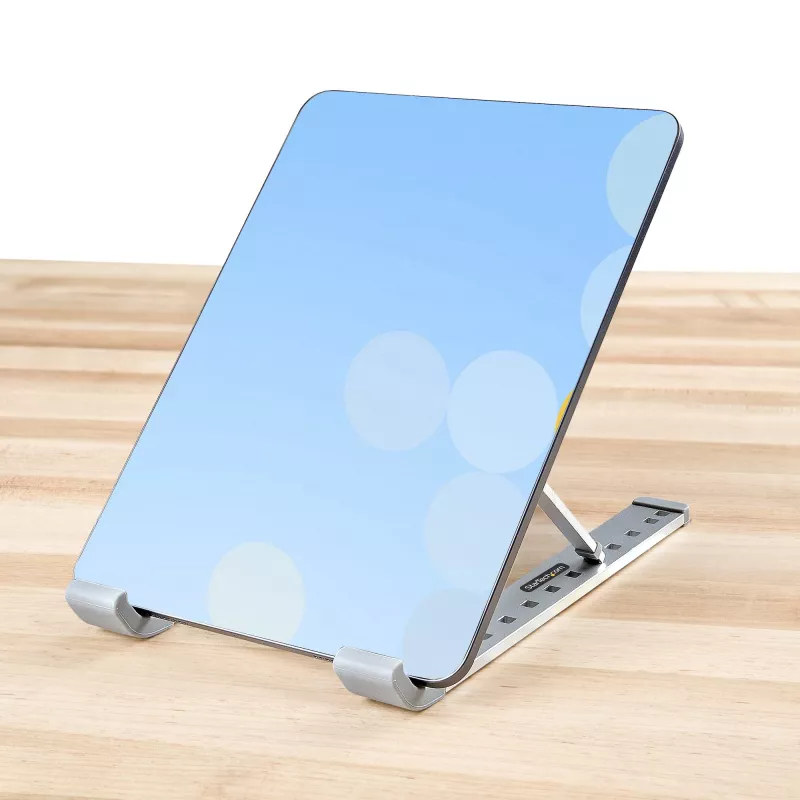 StarTech.com supporto pieghevole per laptop, supporto portatile ergonomico regolabile in altezza, struttura in alluminio ventilata supporta 10 kg, inclinabile/rialzato/angolato per laptop/tablet, design pieghevole