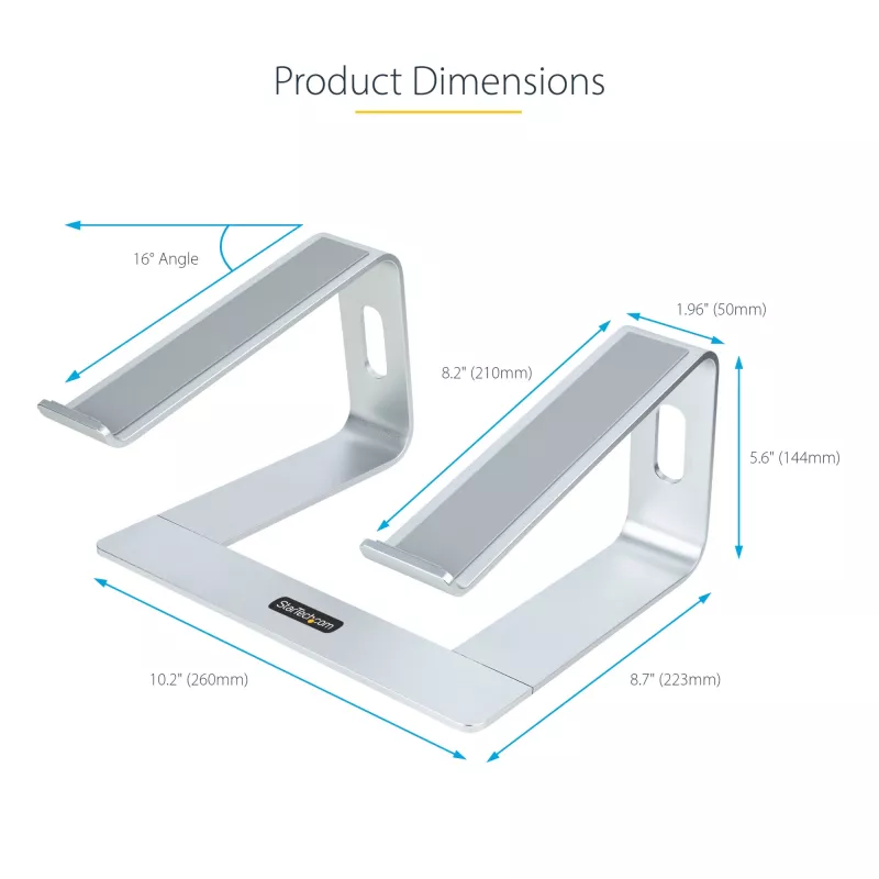 StarTech.com supporto per laptop da scrivania, supporta 5 kg/11 lb, alluminio, argento, rialzo ergonomico per laptop, supporto portatile per laptop, supporto per computer per MacBook Air/Pro, Dell XPS, Lenovo